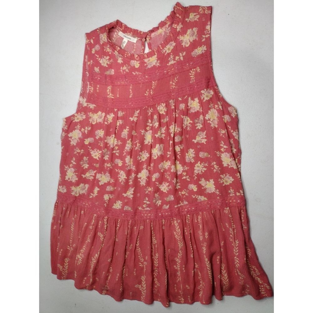 Maurices Womens Pink Floral Sleeveless Babydoll Top‎ Lace Trim Boho Small